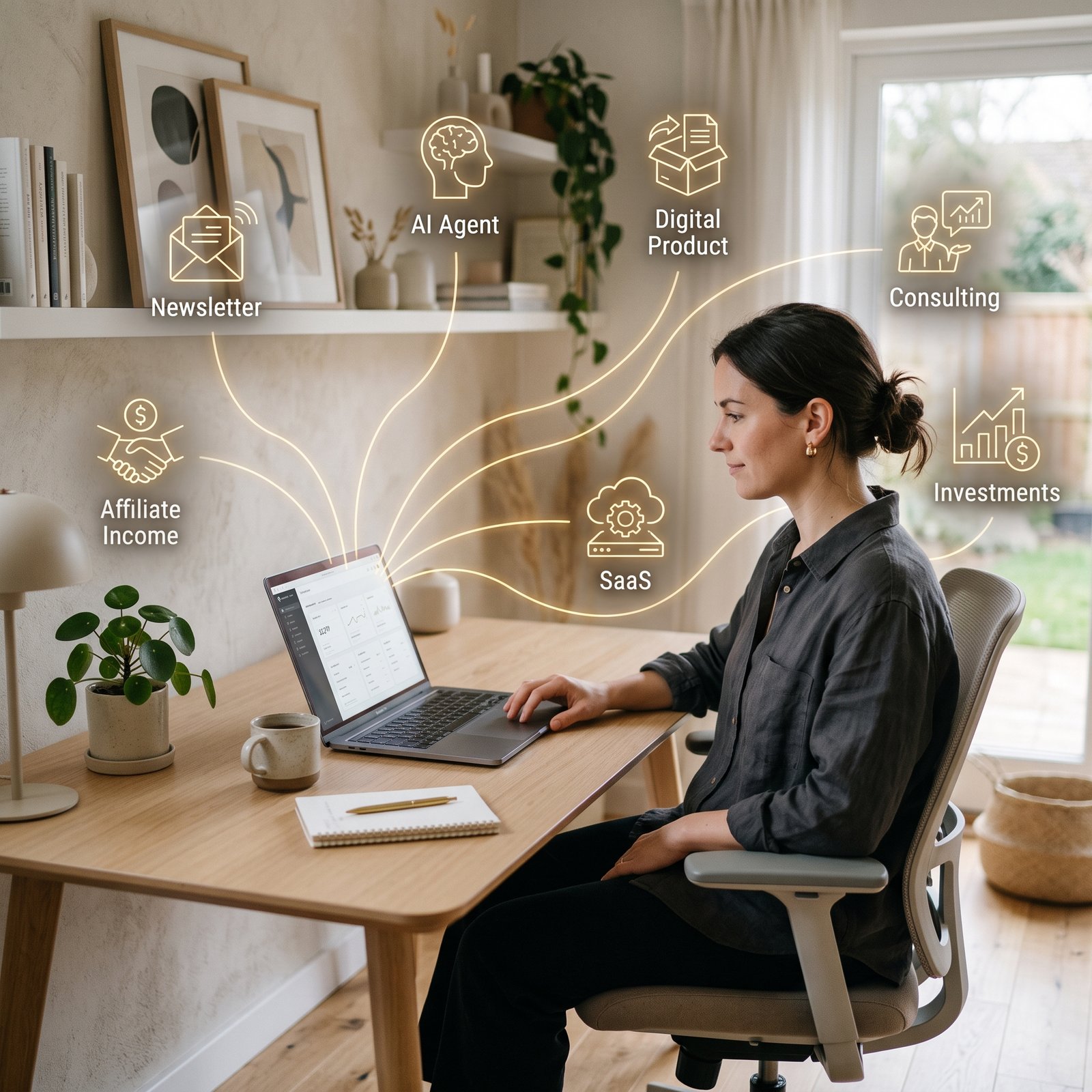 Woman working at a desk with a laptop